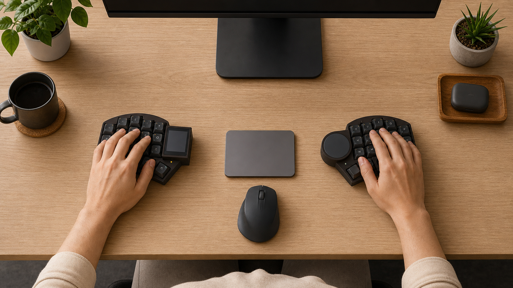 A compact split keyboard setup with a touchpad in the center of the desk.