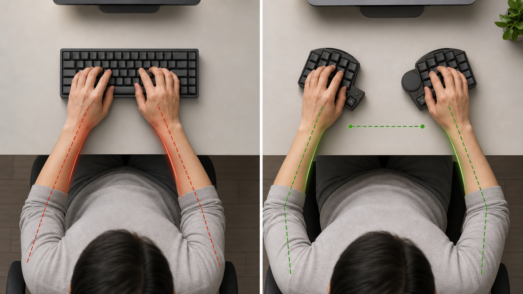 Top-down comparison of narrow shoulder posture on a straight keyboard and open shoulder-width posture on a split keyboard.
